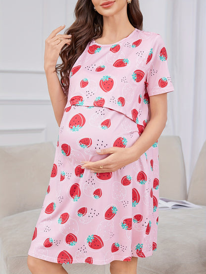Comfortable Mixed Print Maternity Nursing Dress for Women with Round Neck Short Sleeve Layered Tiered Style