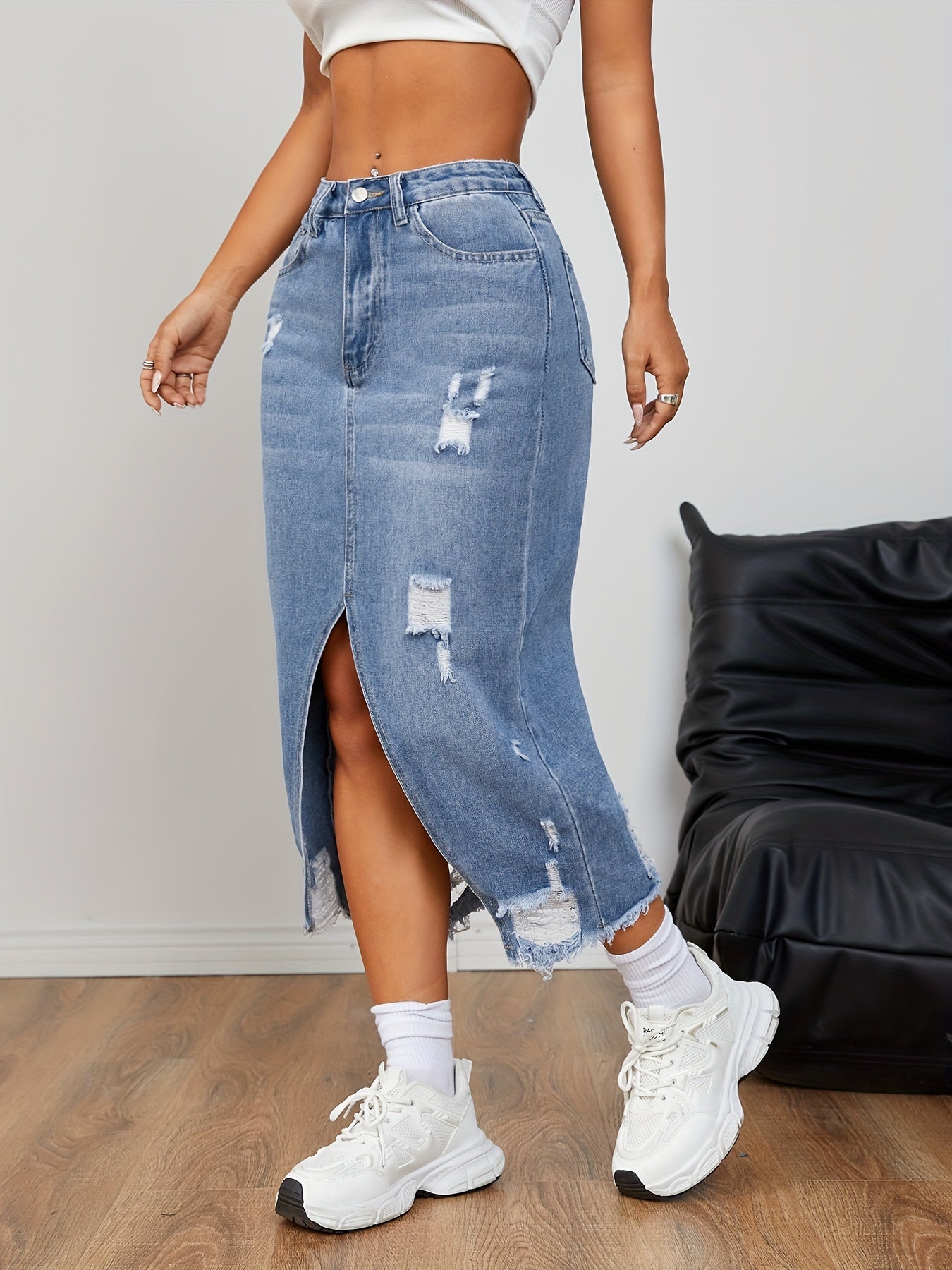 Stylish Blue Denim Jean Skirt for Women with High Waist Ripped Side Slit A Line Midi Casual Style
