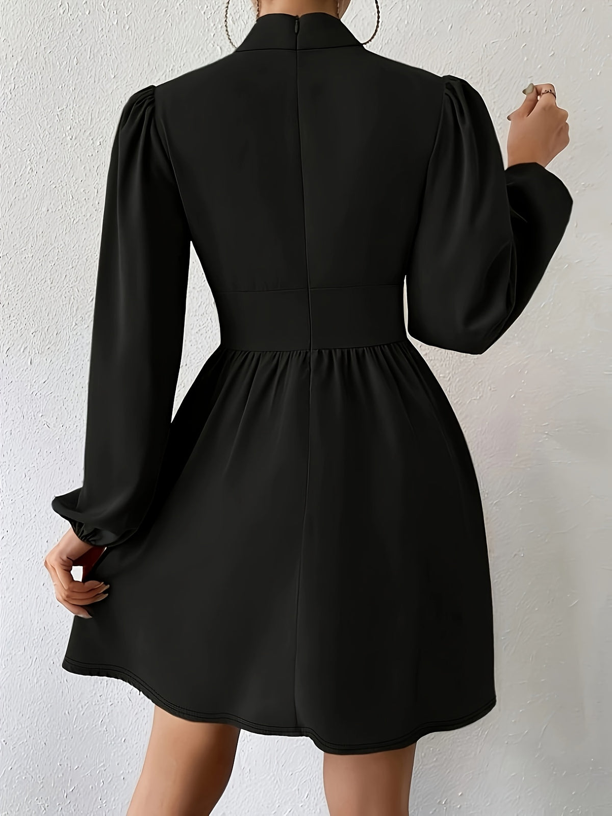 Chic Black Semi Formal Dress for Women with Mock Neck Keyhole Long Sleeve Fit and Flare Mini Party Style