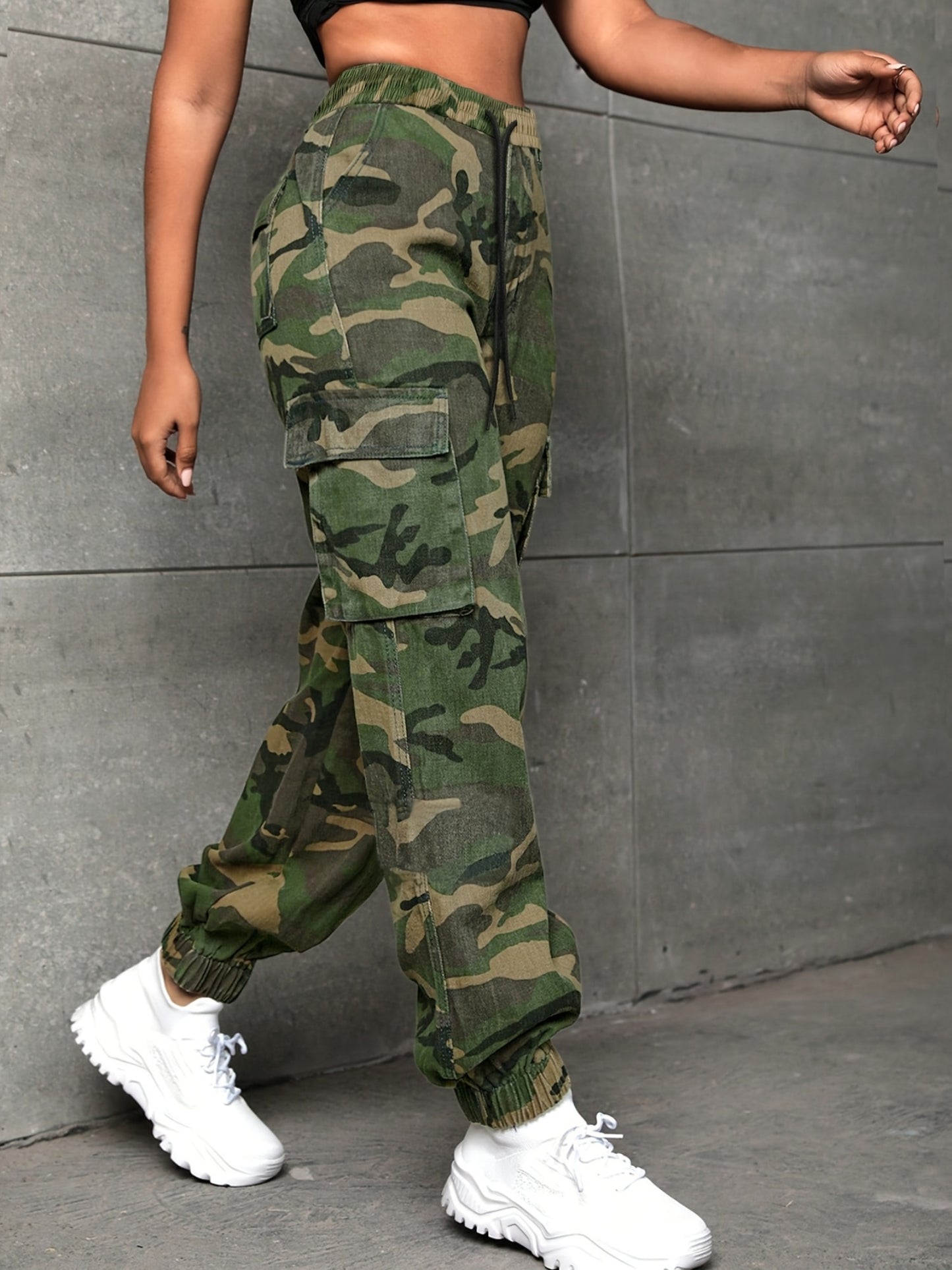 Effortless Camo Cargo Pants for Women with Elastic Cuff Utility Pockets Relaxed Fit