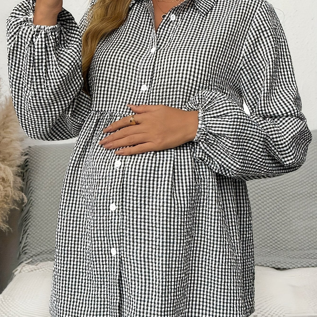 Effortless Gingham Maternity Blouse for Women with Collar Long Sleeve Button Front Babydoll Style
