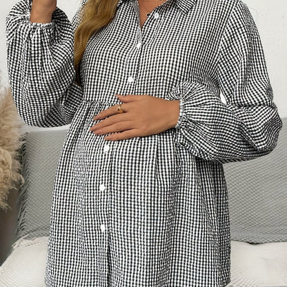 Effortless Gingham Maternity Blouse for Women with Collar Long Sleeve Button Front Babydoll Style