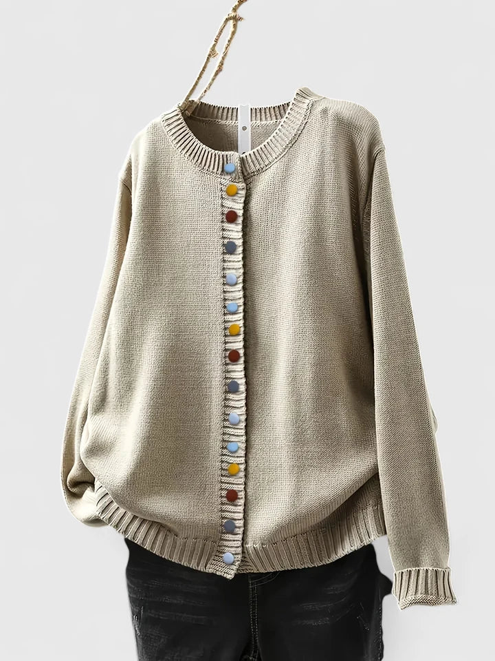 Cozy Knit Cardigan for Women with Crew Neck Button Front Long Sleeve Ribbed Trim Relaxed Style