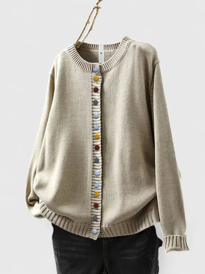 Cozy Knit Cardigan for Women with Crew Neck Button Front Long Sleeve Ribbed Trim Relaxed Style