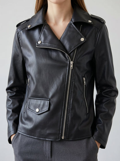 Edgy Black Faux Leather Moto Jacket for Women with Notched Lapel Asymmetrical Zip Ribbed Biker Style