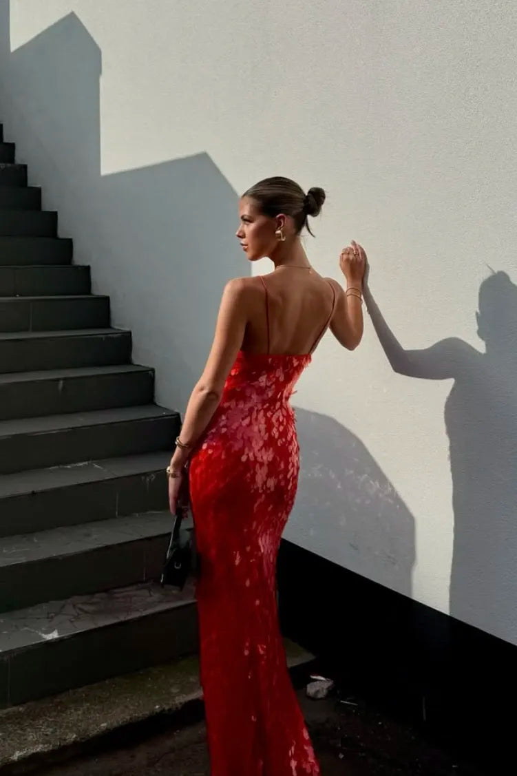 Elegant Red Sequin Dress for Women with V Neck Spaghetti Strap Cutout Mermaid Sparkle Formal Party Style