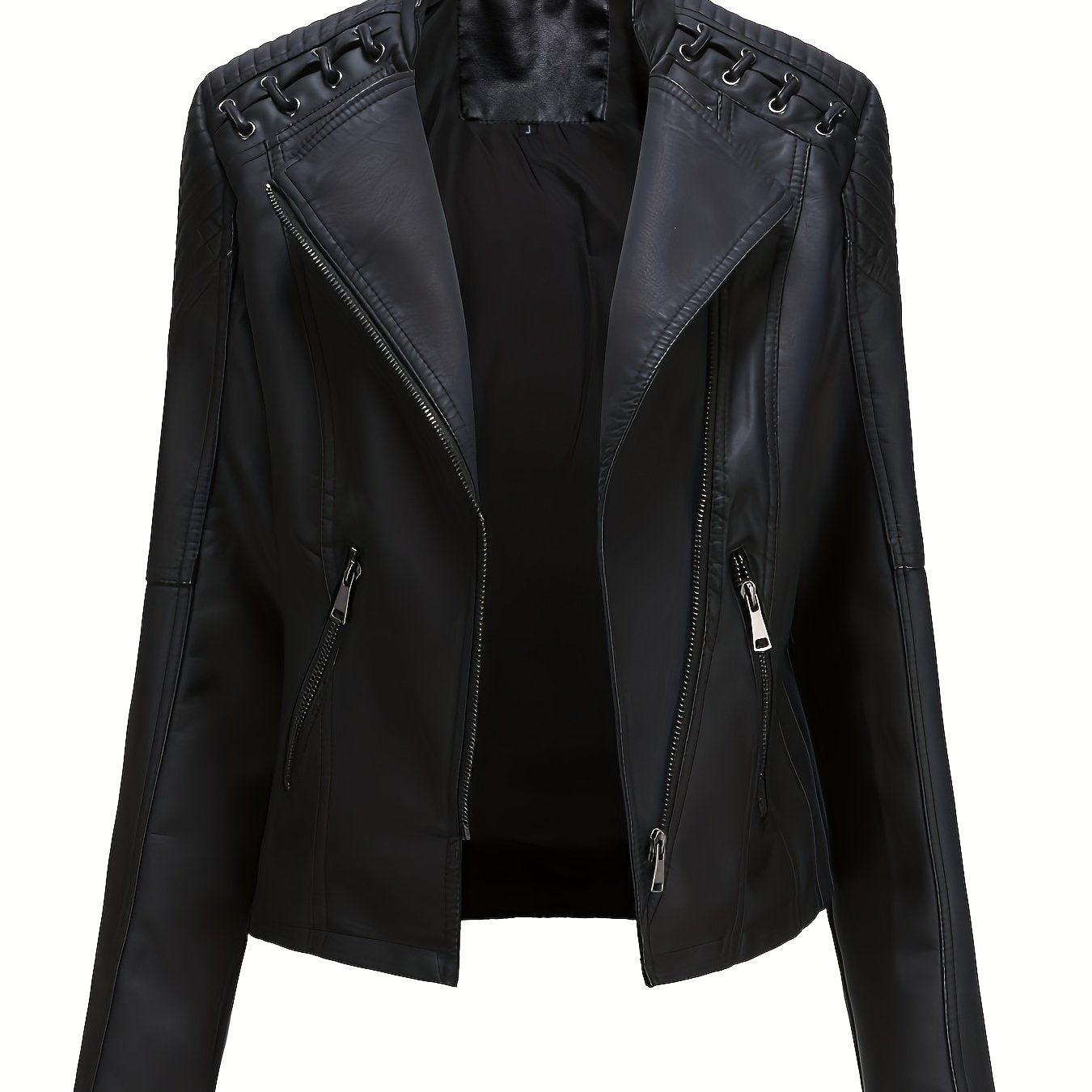Elegant Leather Moto Jacket for Women with Notch Lapel Zip Front Studded Shoulder