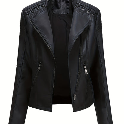 Elegant Leather Moto Jacket for Women with Notch Lapel Zip Front Studded Shoulder