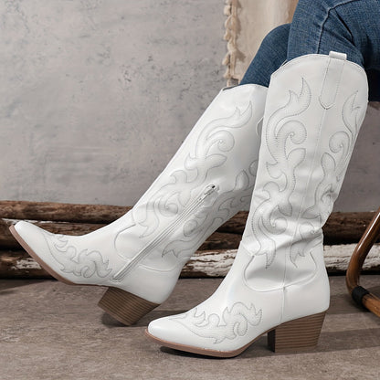 Trendy White Western Boots for Women with Embroidered Shaft Block Heel Tall Cowboy Style