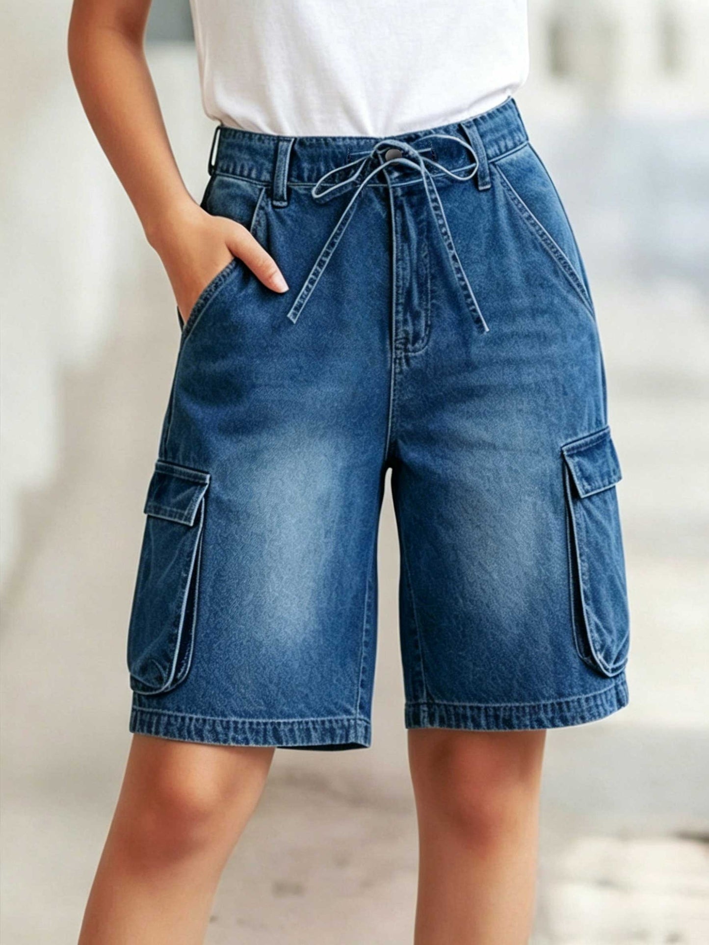 Effortless Blue Denim Cargo Jean Shorts for Women with High Waist Tie Waist Utility Pockets