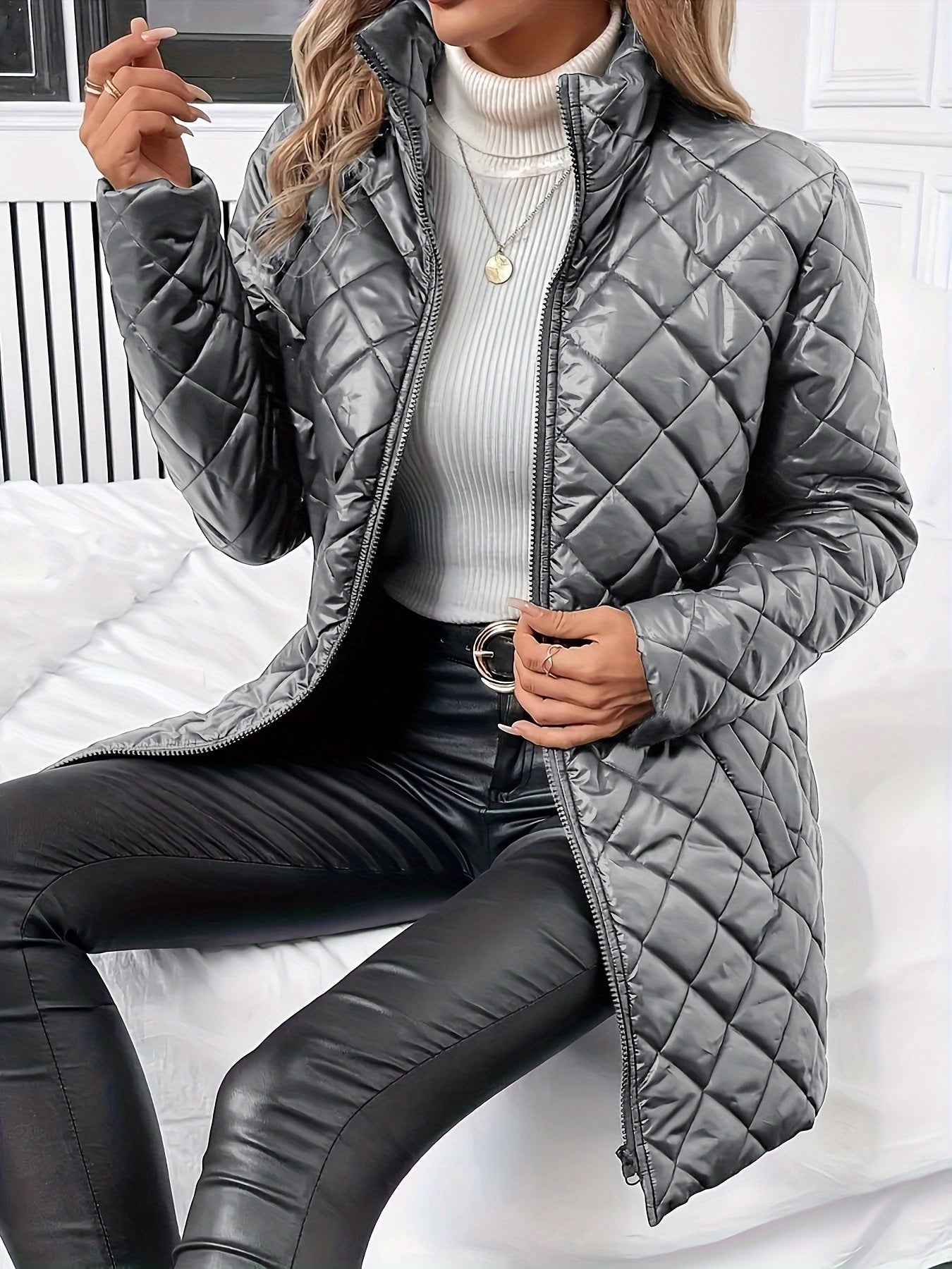 Elegant Coffee Brown Quilted Coat for Women with Stand Collar Long Sleeve Zip Front Longline Style