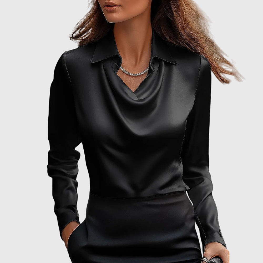Elegant Satin Long Sleeve Shirt for Women with Cowl Neck Collar Relaxed Silky Style