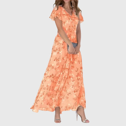 Elegant Floral Maxi Dress for Women with V Neck Ruffle Short Sleeve Chiffon Flowy Style
