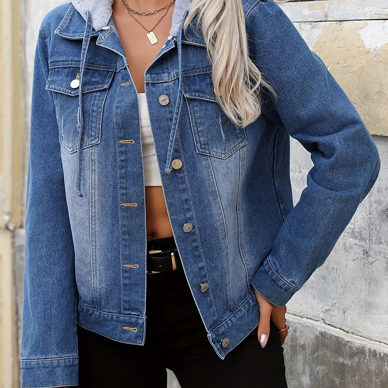 Effortless Blue Jean Jacket for Women with Hooded Collar Long Sleeve Button Front Relaxed Style