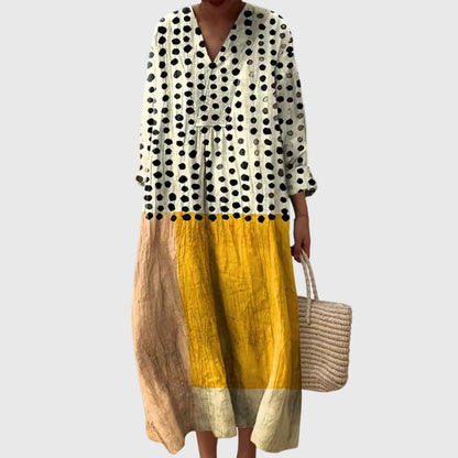 Effortless Printed Linen Maxi Dress for Women with V Neck Long Sleeve Relaxed Oversized Flowing Style