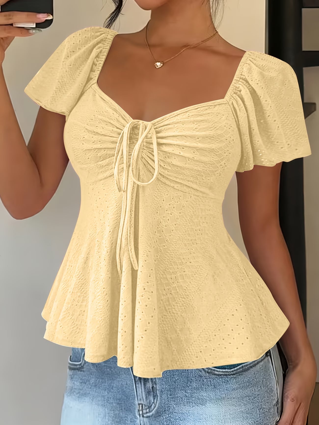 Elegant Eyelet Going Out Top for Women with Sweetheart Neck Flutter Sleeve Ruched Peplum Style