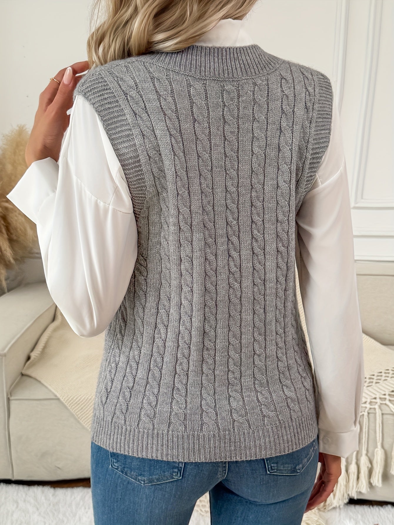 Comfortable Grey Cable Knit Sweater Vest for Women with V Neck Sleeveless Ribbed Trim Relaxed Style