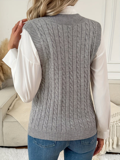 Comfortable Grey Cable Knit Sweater Vest for Women with V Neck Sleeveless Ribbed Trim Relaxed Style