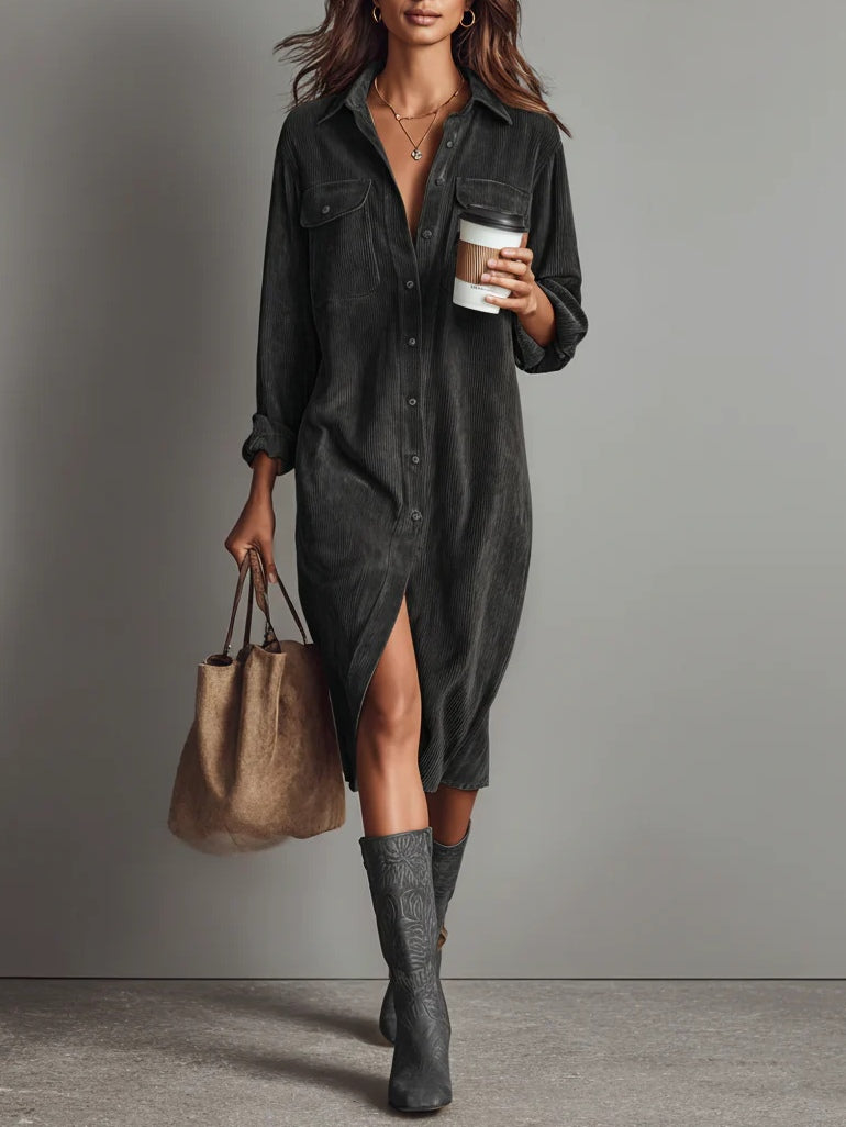 Effortless Casual Shirt Dress for Women in Corduroy Midi Style