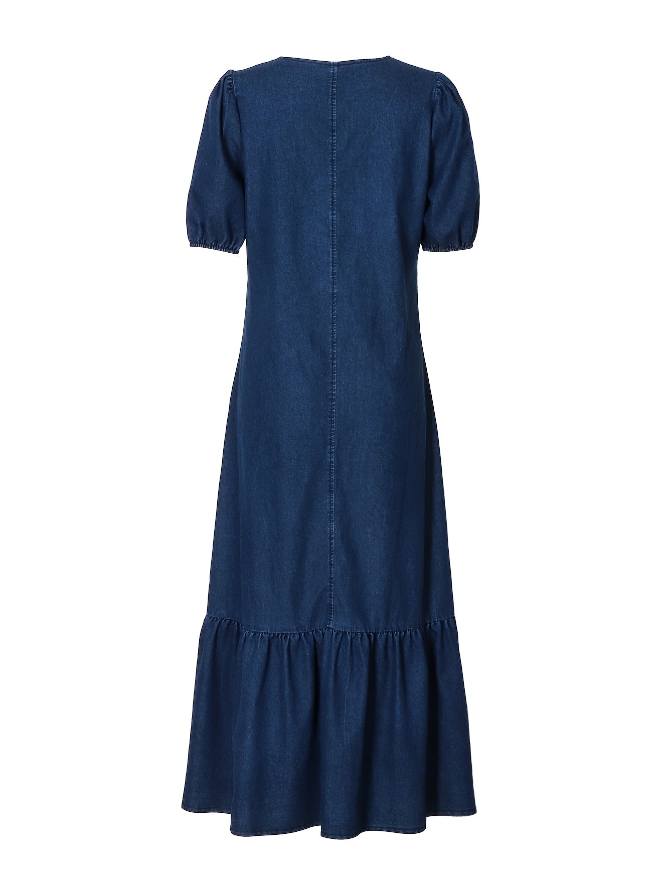 Effortless Blue Denim Dress for Women with Round Neck Elbow Sleeve Button Front Tiered Maxi Style
