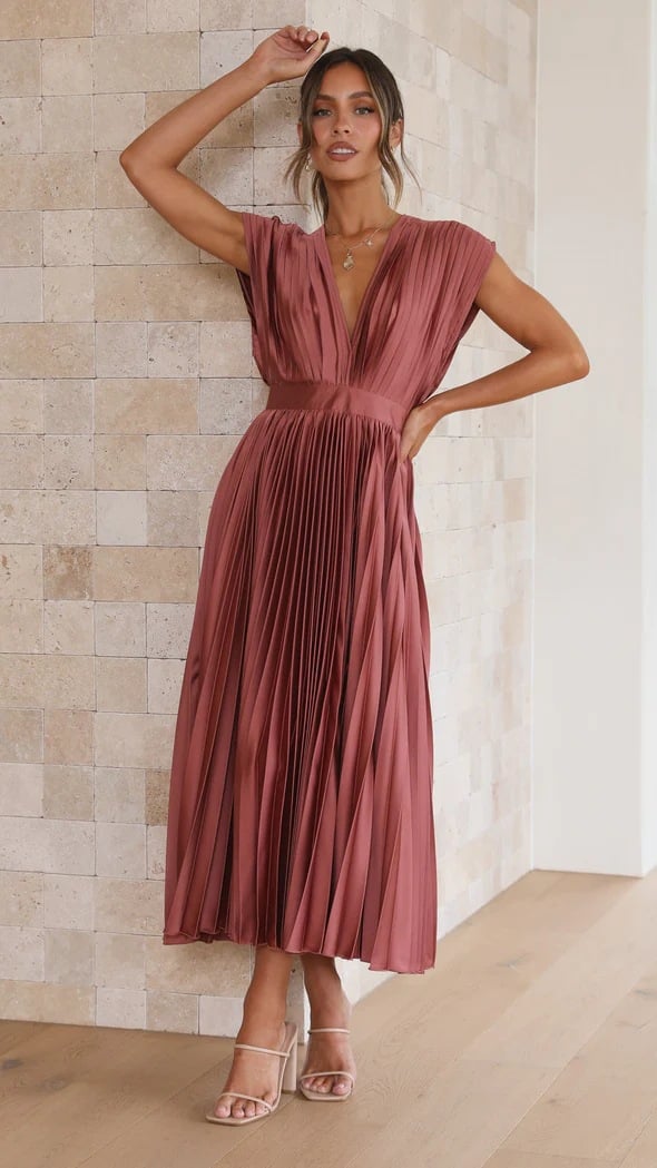 Elegant Pleated Midi Dress for Women with Deep V Neck Formal Wedding Guest Style