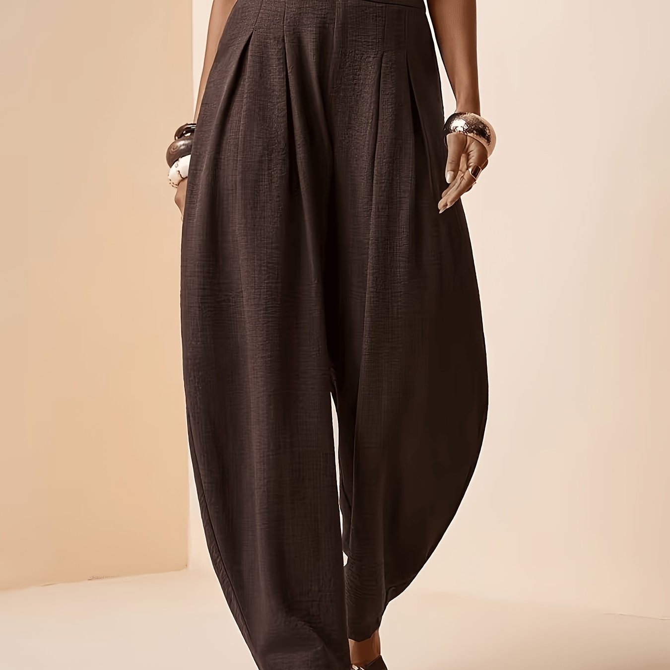 Effortless Coffee Brown Linen Harem Pants for Women with High Waist Pleated Tapered Ankle