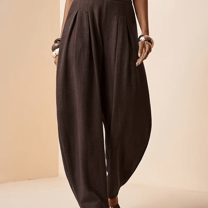 Effortless Coffee Brown Linen Harem Pants for Women with High Waist Pleated Tapered Ankle