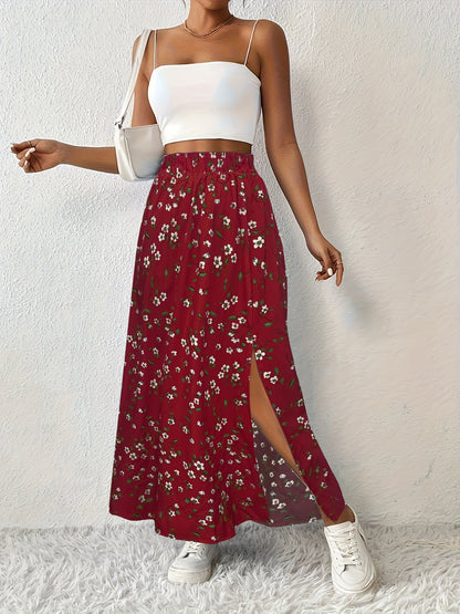 Effortless Blue Floral Maxi Skirt for Women with High Waist Side Slit Flowing Bohemian Style