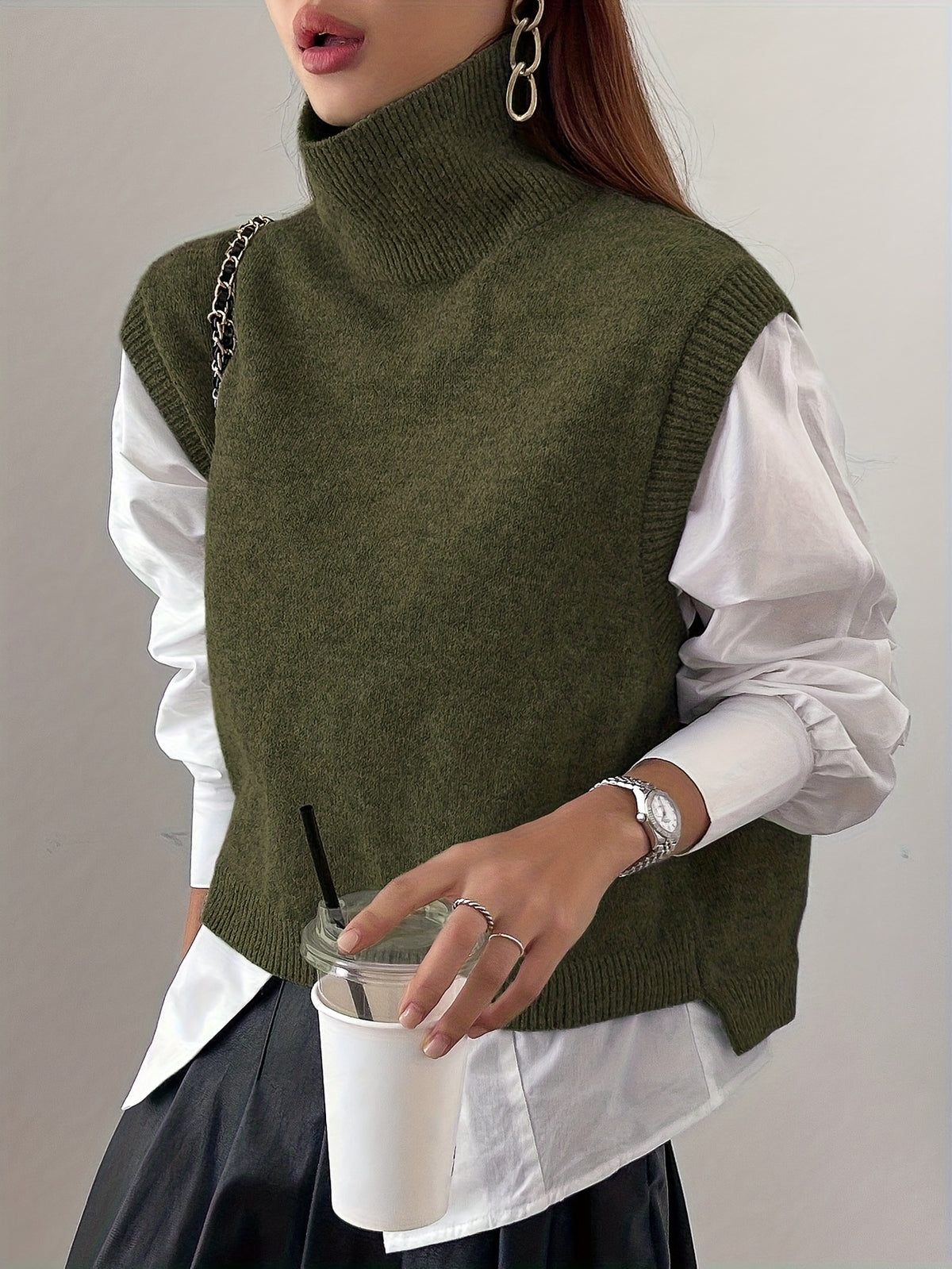 Cozy Sleeveless Turtleneck Vest for Women with High Neck Ribbed Knit Side Slit Style