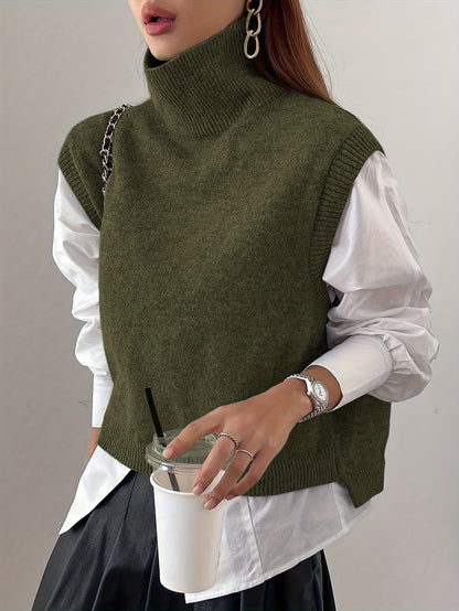 Cozy Sleeveless Turtleneck Vest for Women with High Neck Ribbed Knit Side Slit Style