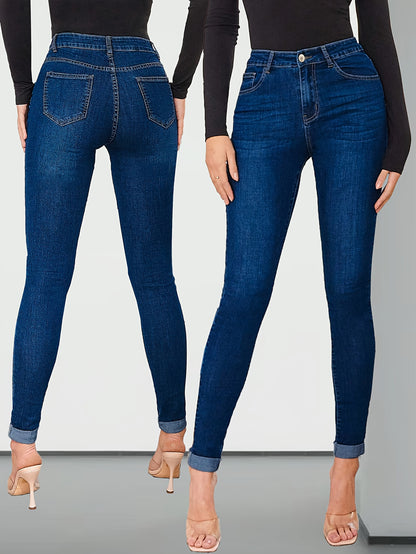 Effortless Medium Blue Relaxed Skinny Jeans for Women with High Waist Cuffed Ankle Stretch Denim