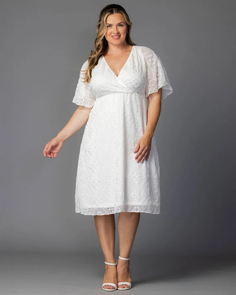 Chic White Cocktail Dress for Women with V Neck Flutter Sleeve Eyelet Fit and Flare Midi Party Style