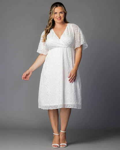 Chic White Cocktail Dress for Women with V Neck Flutter Sleeve Eyelet Fit and Flare Midi Party Style
