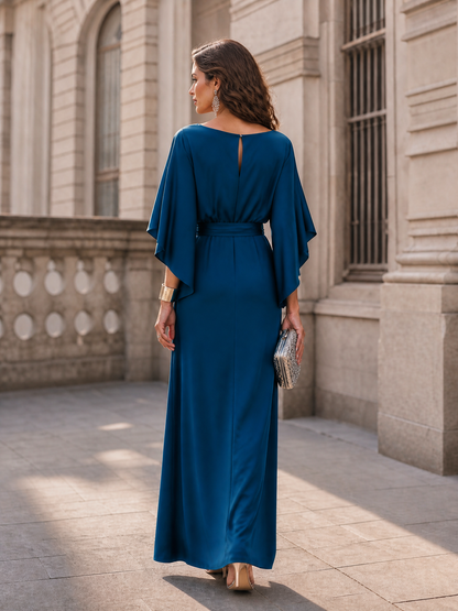 Elegant Blue Satin Maxi Dress for Women with Boat Neck Flutter Sleeve Belted Autumn Wedding Guest Style