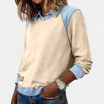 Effortless Denim Patchwork Sweatshirt for Women with Collared Raglan Long Sleeve Relaxed Casual Style