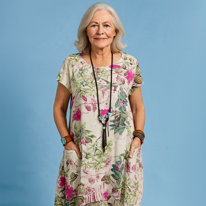 Effortless Floral Print Midi Dress for Women with Round Neck Short Sleeve Relaxed Bohemian Style
