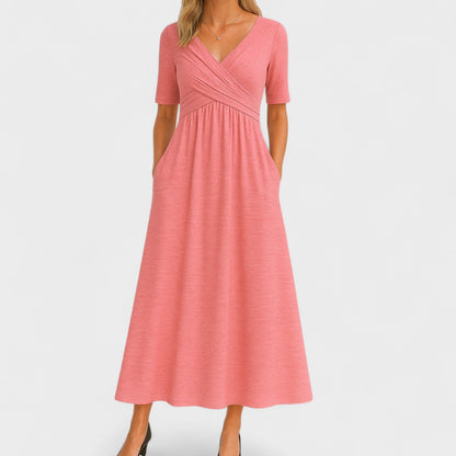Comfortable Maxi Dress for Women with Surplice V Neck Short Sleeve Pockets Jersey Relaxed Style