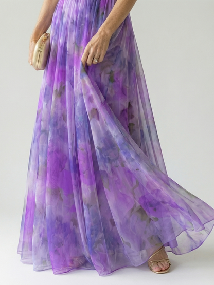 Effortless Watercolor Floral Maxi Dress for Women with V Neck Sleeveless Ruched Flowing Autumn Wedding Guest Style