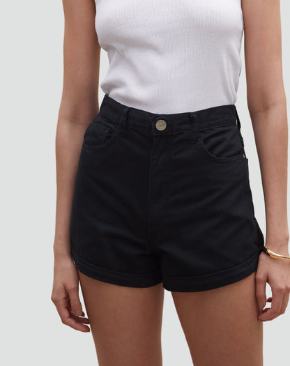 Effortless Black Denim Shorts for Women with High Waisted Cuffed Belted Casual Style