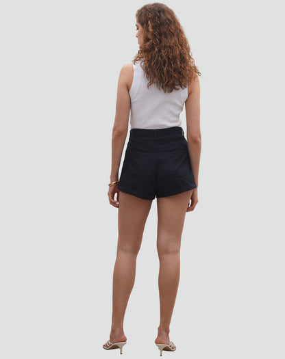 Effortless Black Denim Shorts for Women with High Waisted Cuffed Belted Casual Style