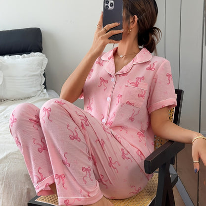 Comfortable Bow Print Pajama Set for Women with Notched Collar Short Sleeve Button Front Two Piece Style