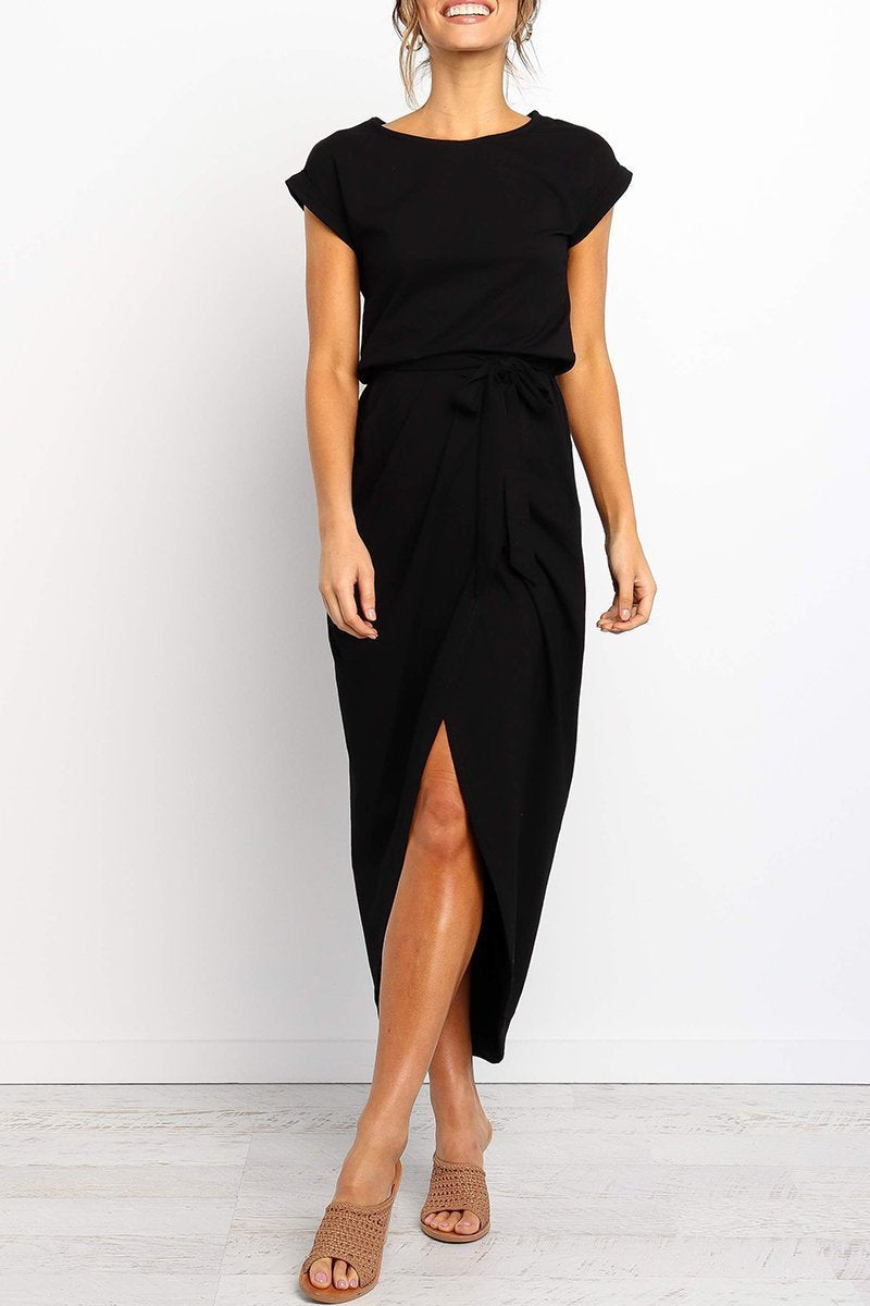 Effortless Knit Midi Dress for Women with Round Neck Cap Sleeve Wrap Tie Waist Slit Casual Style