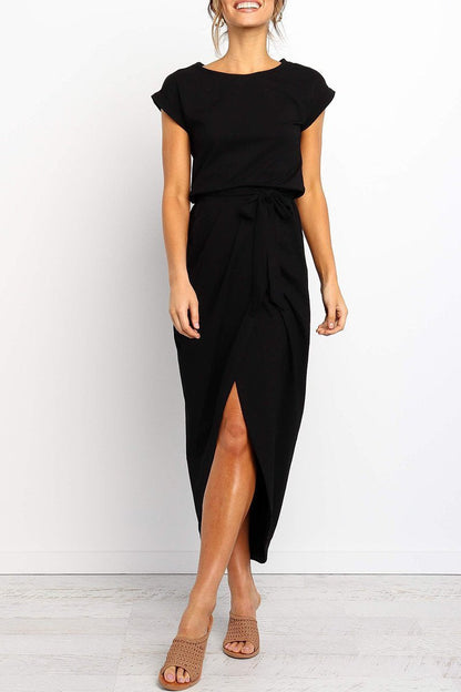 Effortless Knit Midi Dress for Women with Round Neck Cap Sleeve Wrap Tie Waist Slit Casual Style