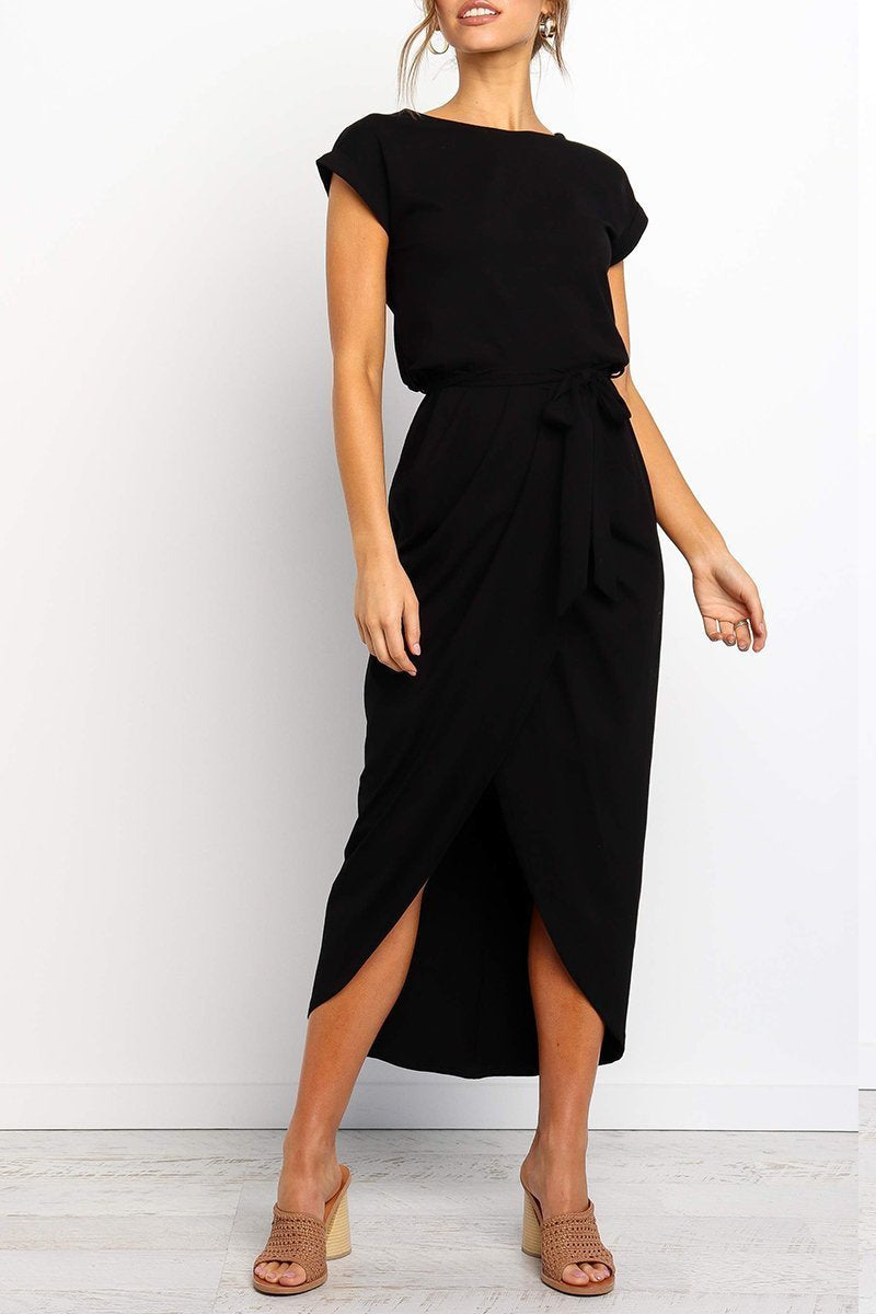 Effortless Knit Midi Dress for Women with Round Neck Cap Sleeve Wrap Tie Waist Slit Casual Style