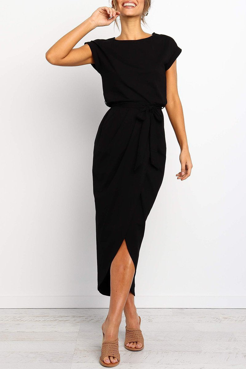 Effortless Knit Midi Dress for Women with Round Neck Cap Sleeve Wrap Tie Waist Slit Casual Style