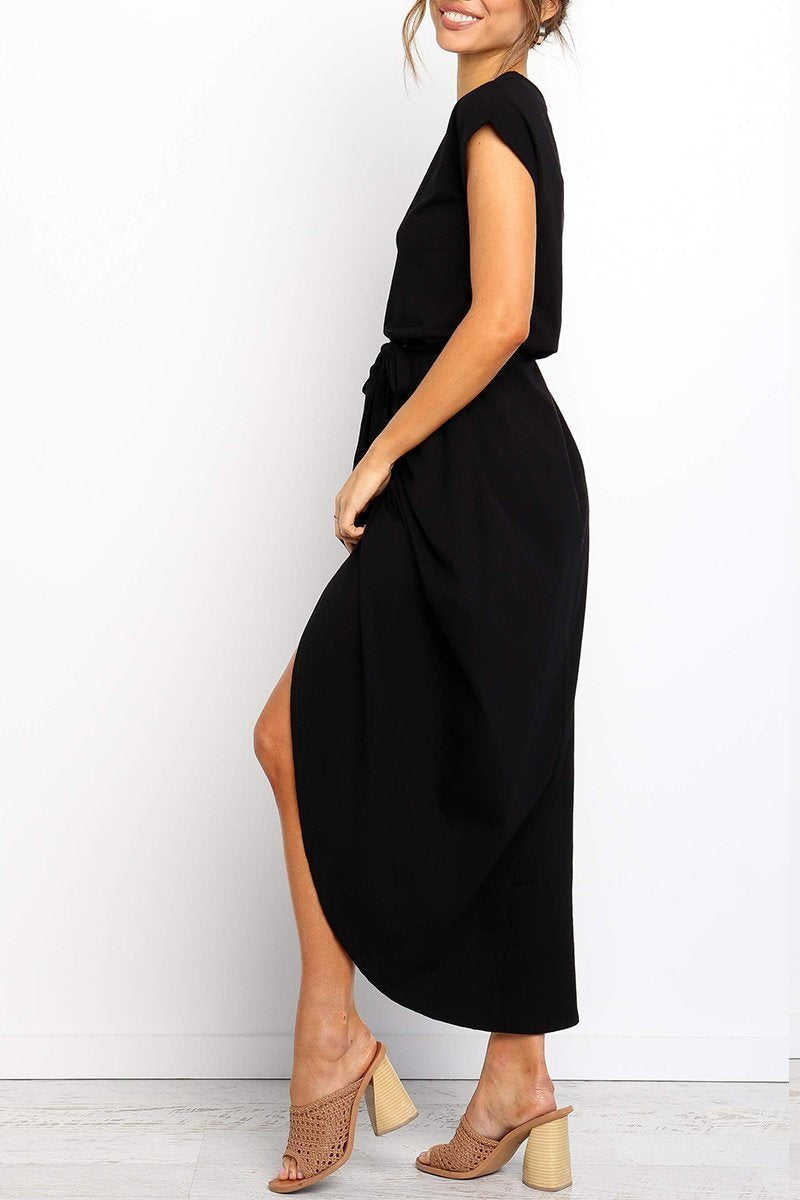 Effortless Knit Midi Dress for Women with Round Neck Cap Sleeve Wrap Tie Waist Slit Casual Style