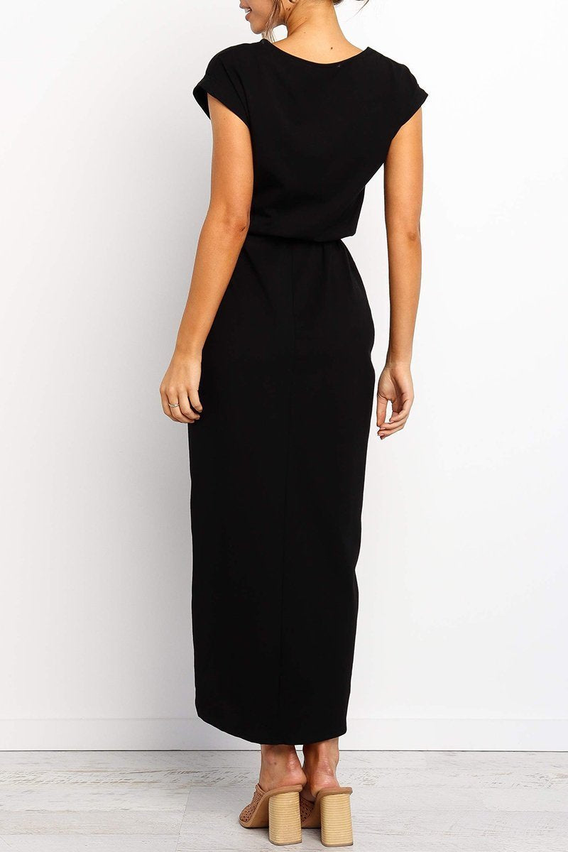 Effortless Knit Midi Dress for Women with Round Neck Cap Sleeve Wrap Tie Waist Slit Casual Style