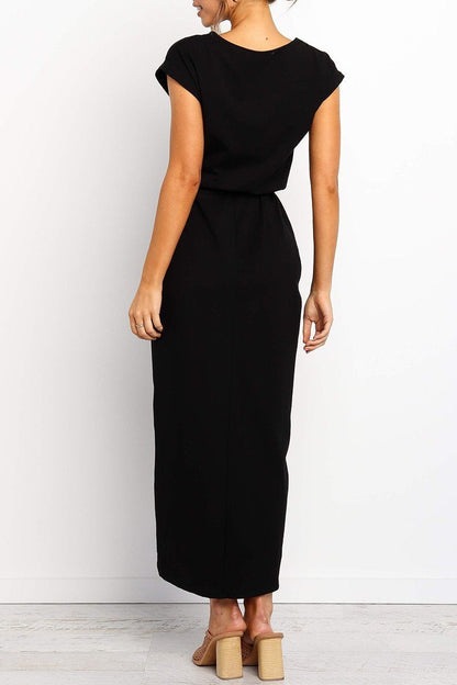 Effortless Knit Midi Dress for Women with Round Neck Cap Sleeve Wrap Tie Waist Slit Casual Style
