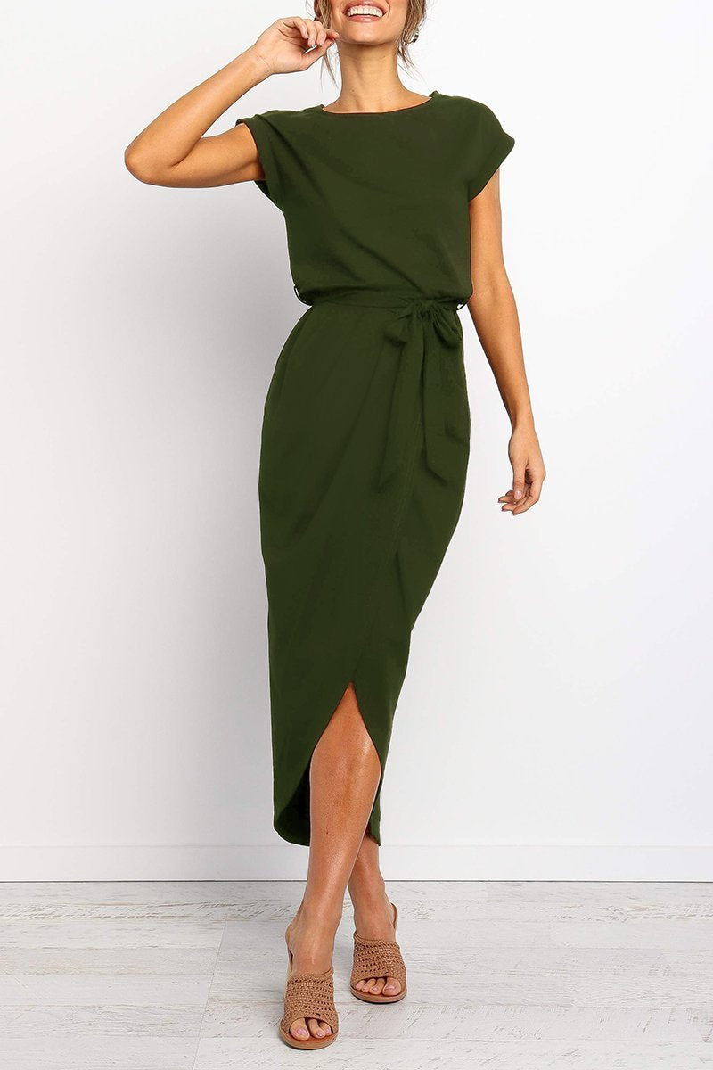 Effortless Knit Midi Dress for Women with Round Neck Cap Sleeve Wrap Tie Waist Slit Casual Style