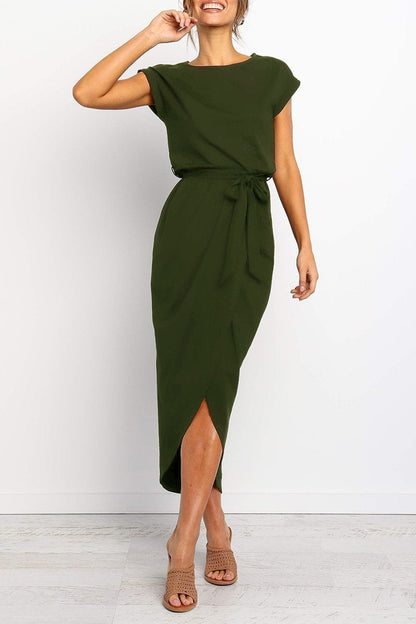 Effortless Knit Midi Dress for Women with Round Neck Cap Sleeve Wrap Tie Waist Slit Casual Style